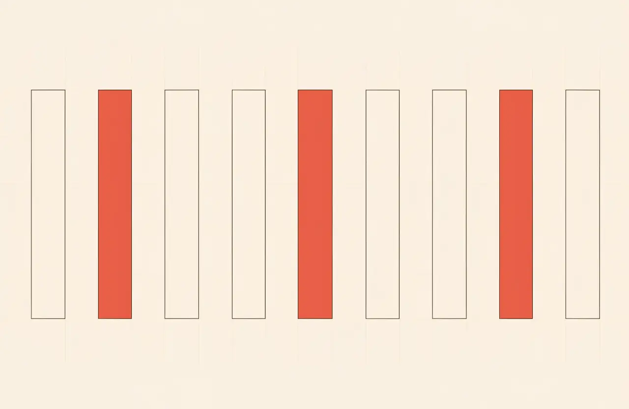 A row of nine narrow vertical bars, three of them filled solid orange and the rest drawn as empty outlines.