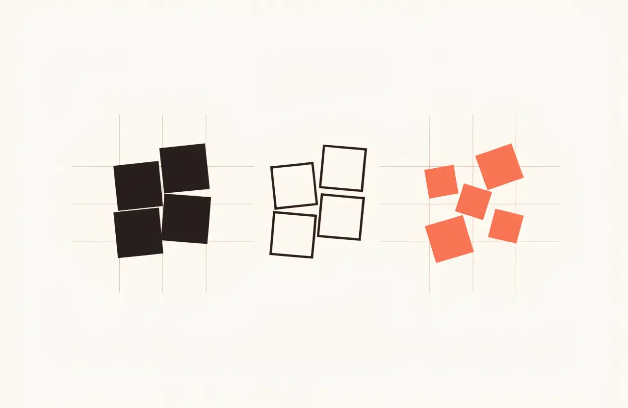 Three groups of squares: one cluster packed tight and solid, one cluster drawn as empty outlines, one cluster of orange squares overlapping untidily.