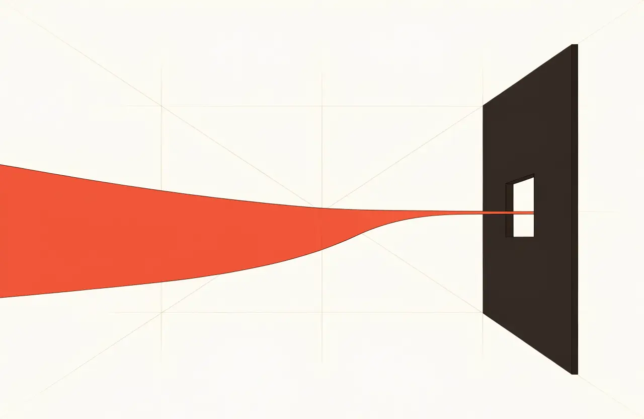 A wide terracotta band tapering to a thin line that passes through one small opening in a dark wall