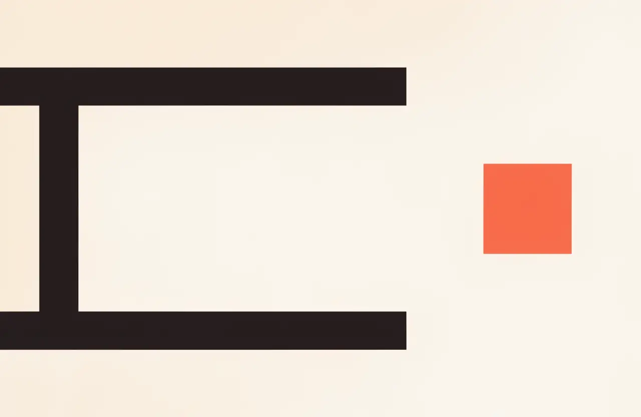 Three dark bars forming a bracket that never closes on its right side, with a small terracotta square floating alone outside it