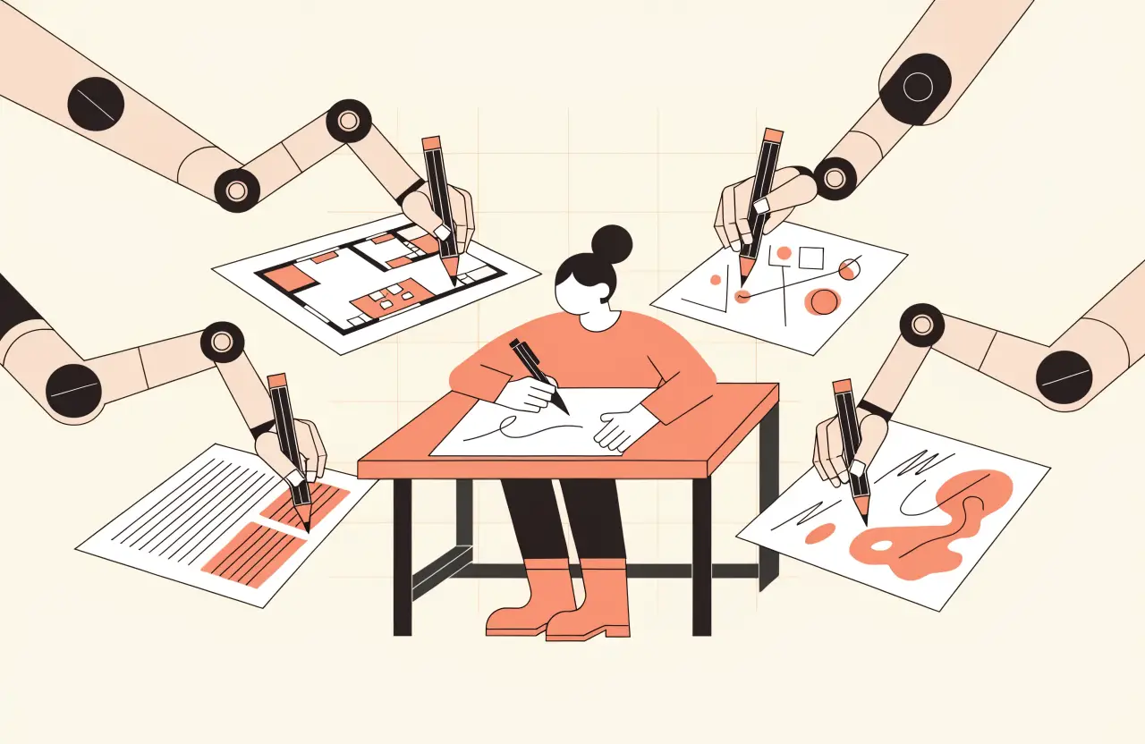 One person at a drafting desk while four thin robotic arms draw on sheets of paper fanned around them