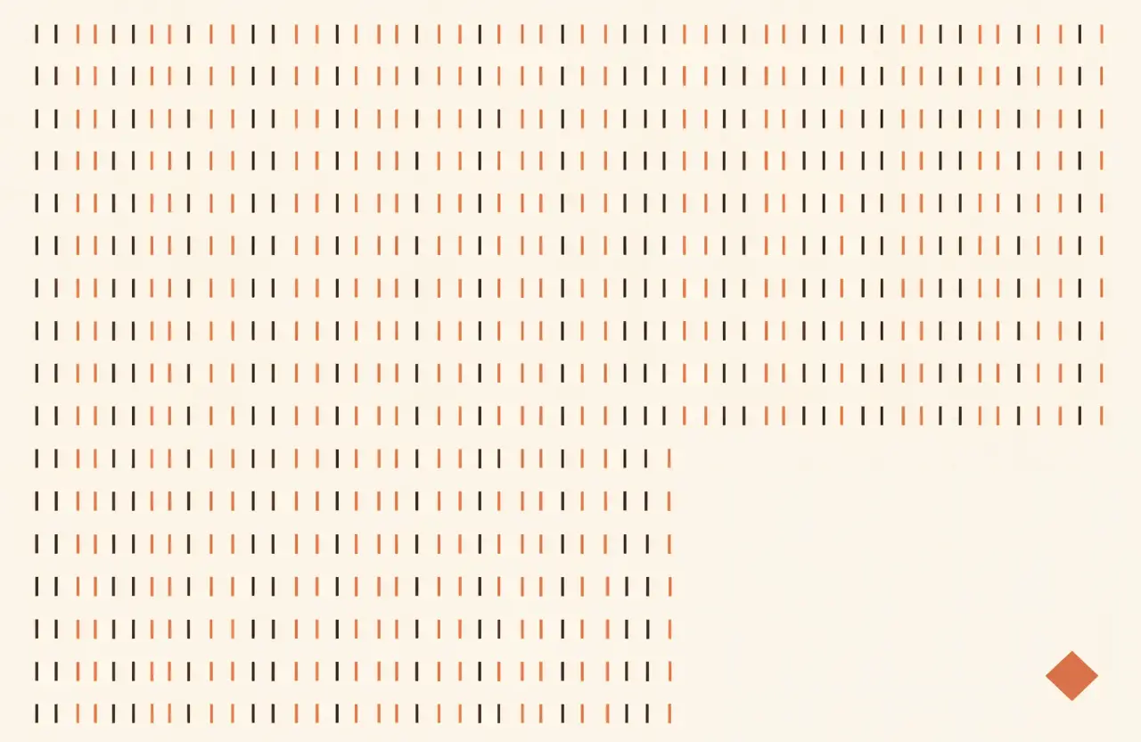 A wall of small tally marks in dark brown and terracotta with one lone diamond in the lower right corner